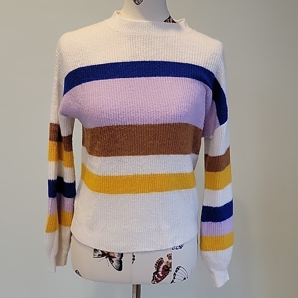 EXPRESS purple, brown, blue, white, yellow striped sweater. Size is XS.
